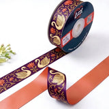 Hamsa Lotus Pichrang printed satin ribbon roll, golden swans (hamsa) and lotus flowers on plum purple with a solid coral peach back, 1 inch (25 mm) – Littl