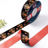 Kalash Bloom Mughal printed satin ribbon roll, flower-filled kalash vases on black with a solid coral back, 1 inch (25 mm) – Littl