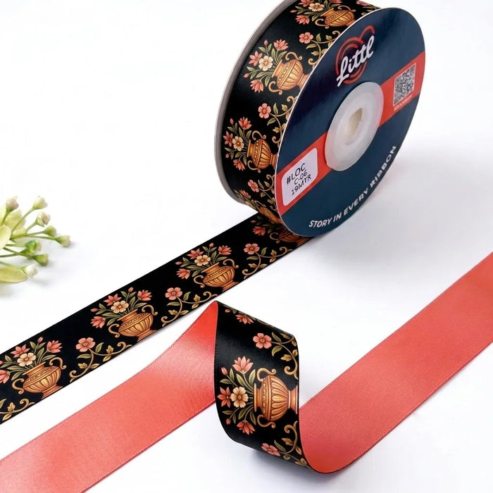 Kalash Bloom Mughal printed satin ribbon roll, flower-filled kalash vases on black with a solid coral back, 1 inch (25 mm) – Littl