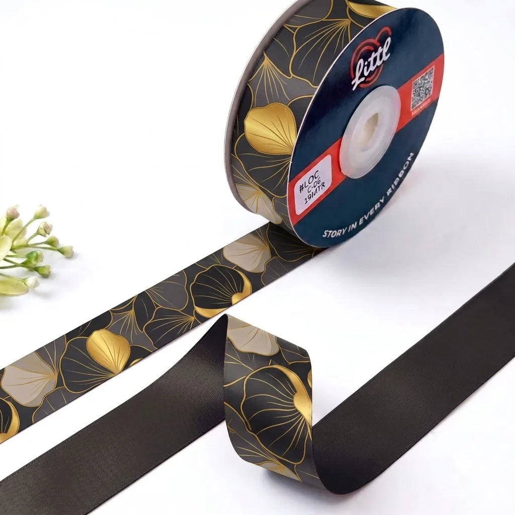 Ginkgo Noir Japanese printed satin ribbon roll, gold-lined ginkgo leaves on charcoal with a solid black back, 1 inch (25 mm) – Littl