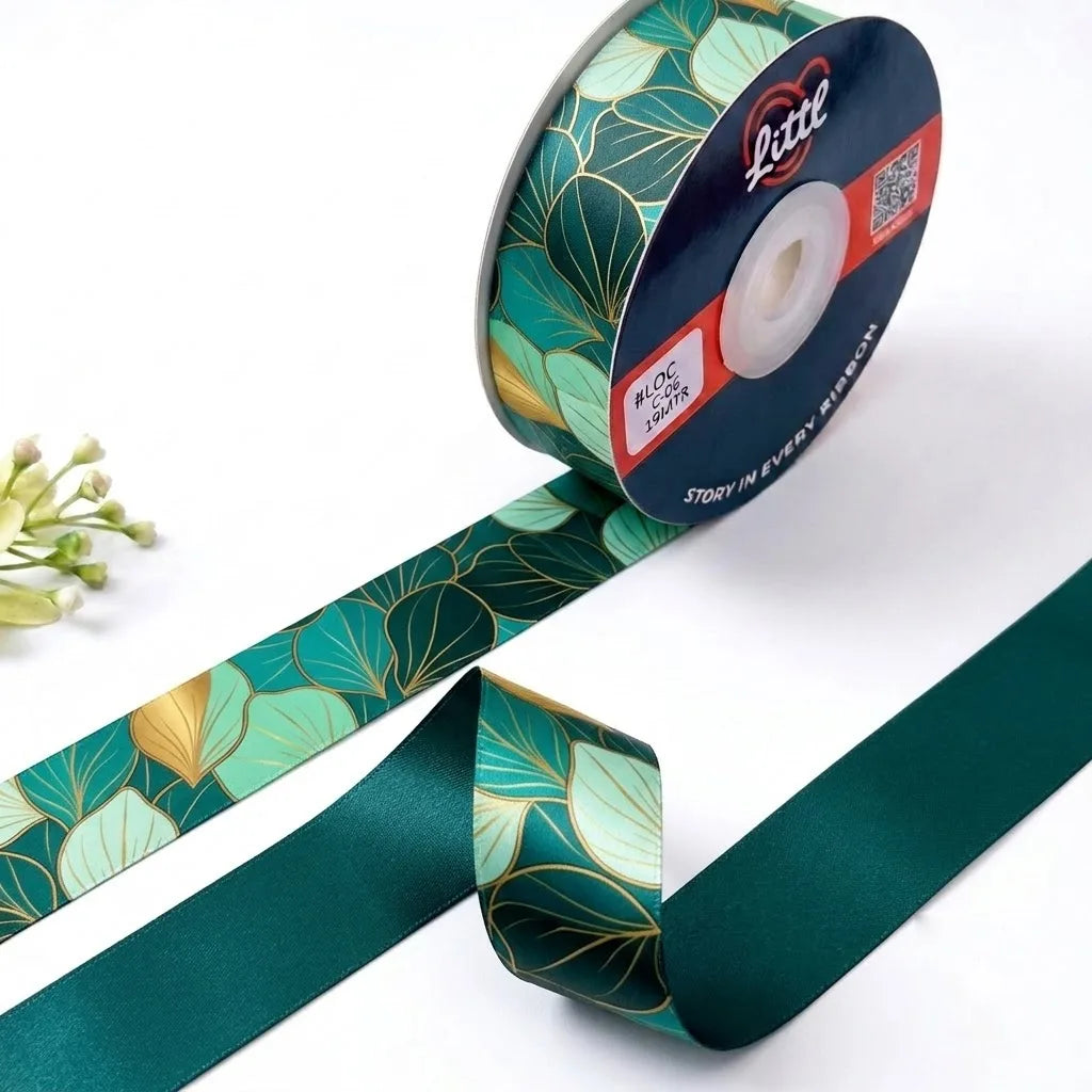 Ginkgo Jade Japanese printed satin ribbon roll, jade and gold ginkgo leaves on teal with a solid teal green back, 1 inch (25 mm) – Littl