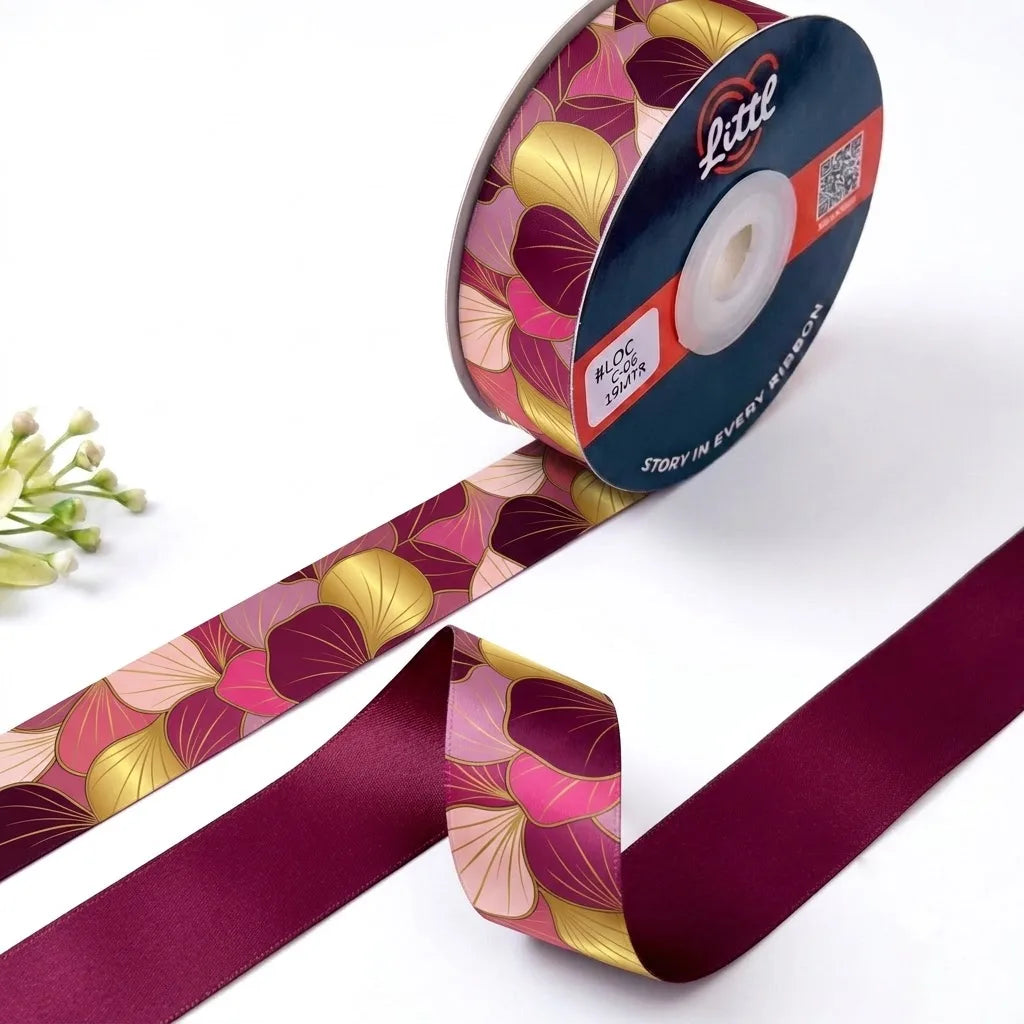 Ginkgo Rose Japanese printed satin ribbon roll, pink and gold ginkgo leaves on magenta with a solid wine back, 1 inch (25 mm) – Littl