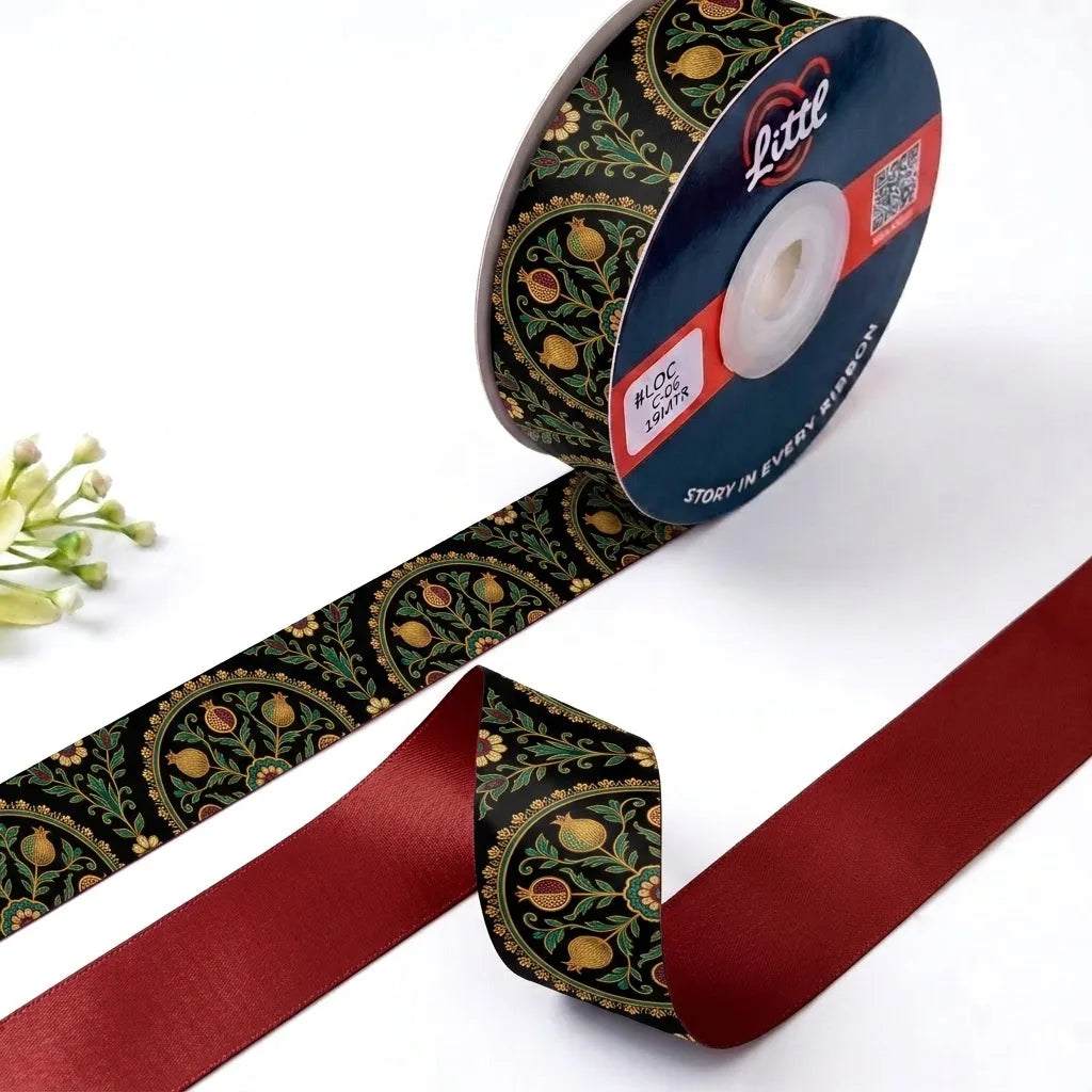 Paisley Jaal Mughal printed satin ribbon roll, gold and green paisley jaal on black with a solid maroon back, 1 inch (25 mm) – Littl