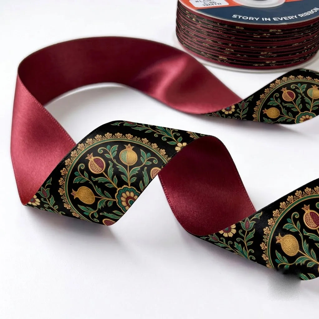 Close-up of Paisley Jaal ribbon: gold and green paisley jaal printed on black satin
