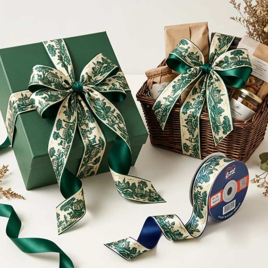 Gift wrapped with Toile Pastorale Toile de Jouy printed ribbon from Littl