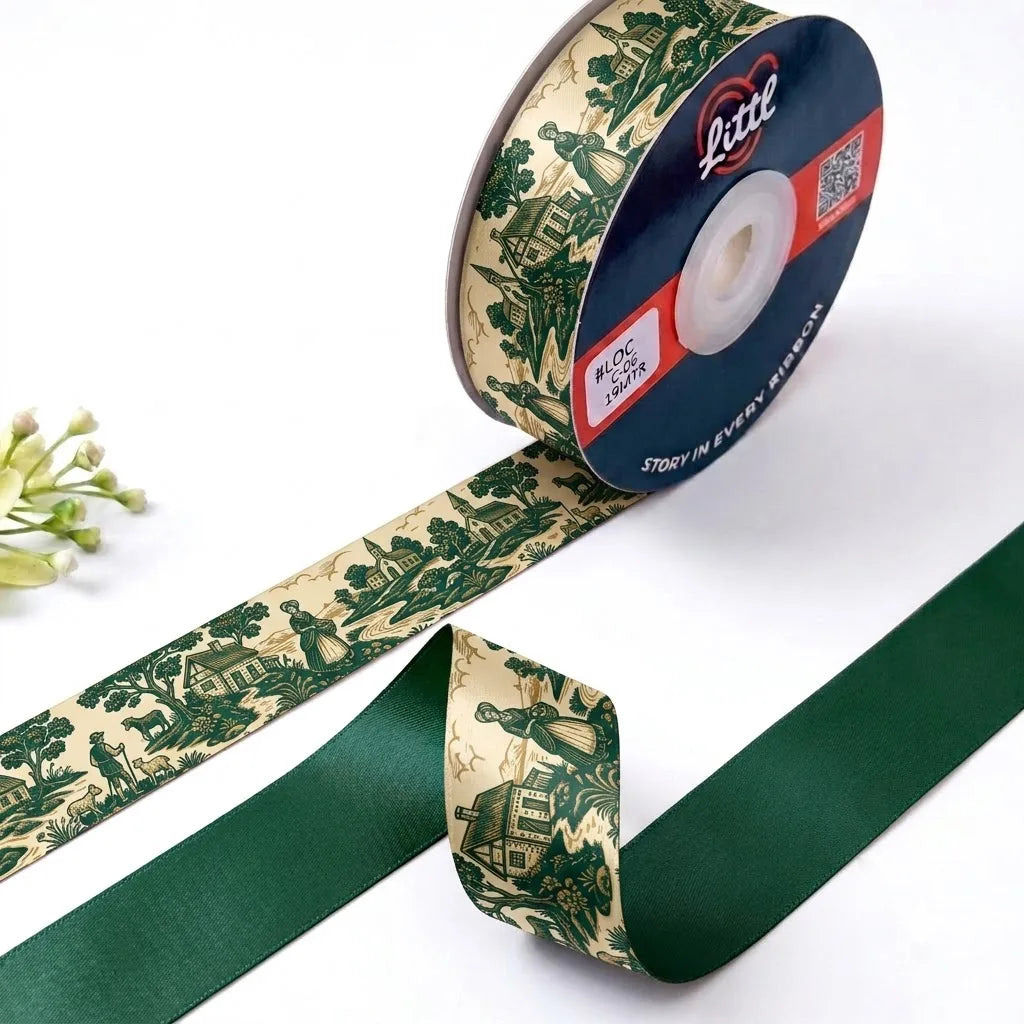 Toile Pastorale Toile de Jouy printed satin ribbon roll, green country scenes on cream with a solid forest green back, 1 inch (25 mm) – Littl