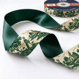 Close-up of Toile Pastorale ribbon: green country scenes printed on cream satin
