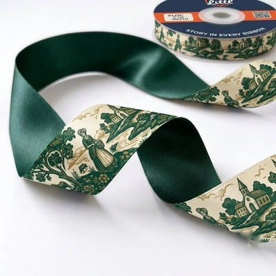 Close-up of Toile Pastorale ribbon: green country scenes printed on cream satin
