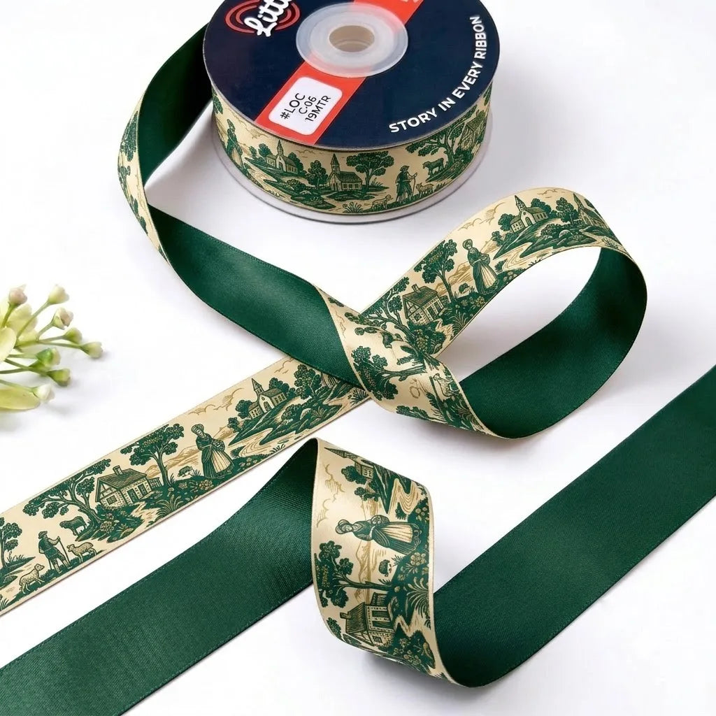 Toile Pastorale ribbon twisted to show the printed front and solid forest green back