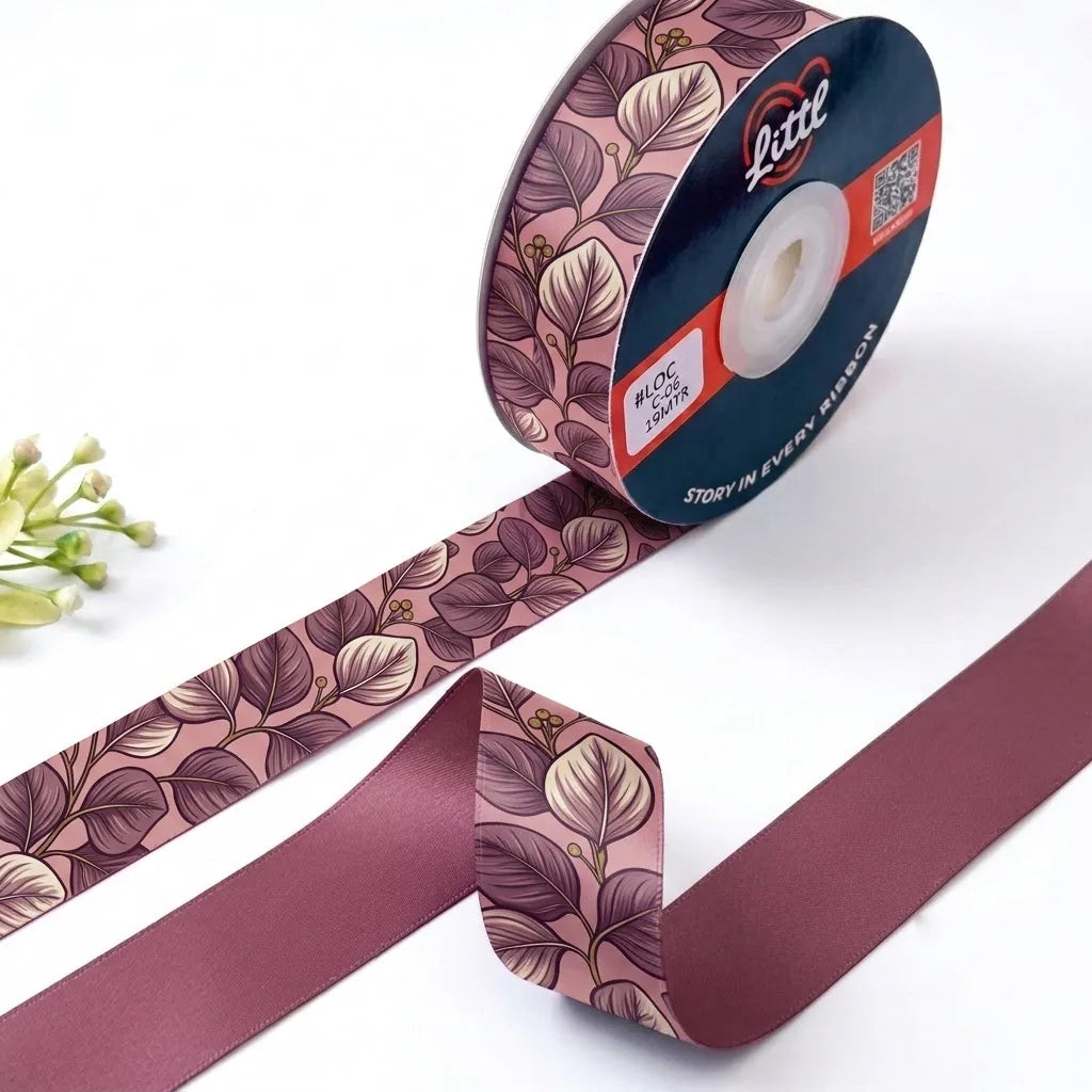 Mauve Leaf Botanical printed satin ribbon roll, sketched mauve leaves on dusty pink with a solid old rose back, 1 inch (25 mm) – Littl