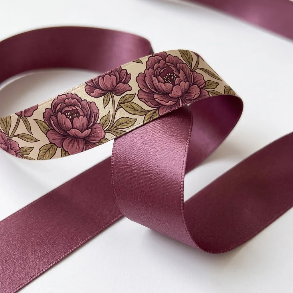 Close-up of Cabbage Rose ribbon: plum cabbage roses printed on cream satin