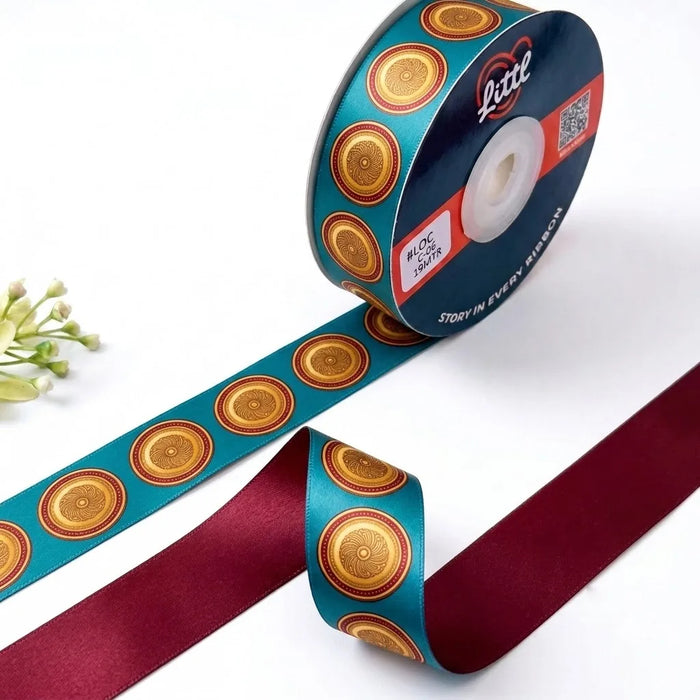 Gold Mohur Diwali printed satin ribbon roll, gold coin medallions on teal with a solid maroon back, 1 inch (25 mm) – Littl