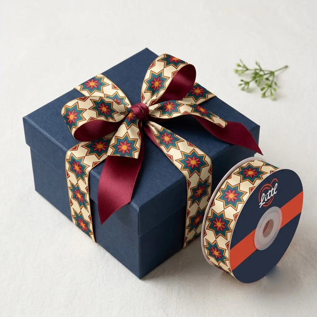 Gift wrapped with Kandil Star Diwali printed ribbon from Littl