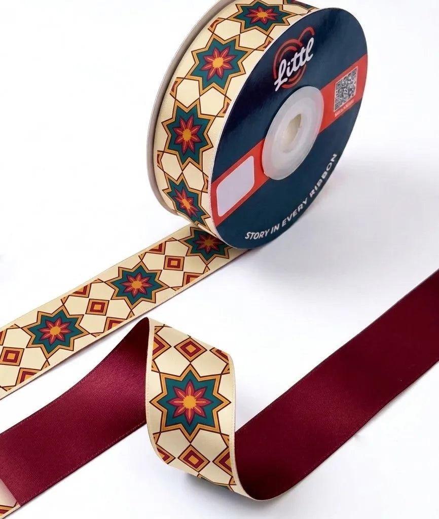 Kandil Star Diwali printed satin ribbon roll, eight-point kandil star lanterns on cream with a solid maroon back, 1 inch (25 mm) – Littl
