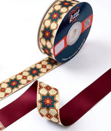 Kandil Star Diwali printed satin ribbon roll, eight-point kandil star lanterns on cream with a solid maroon back, 1 inch (25 mm) – Littl