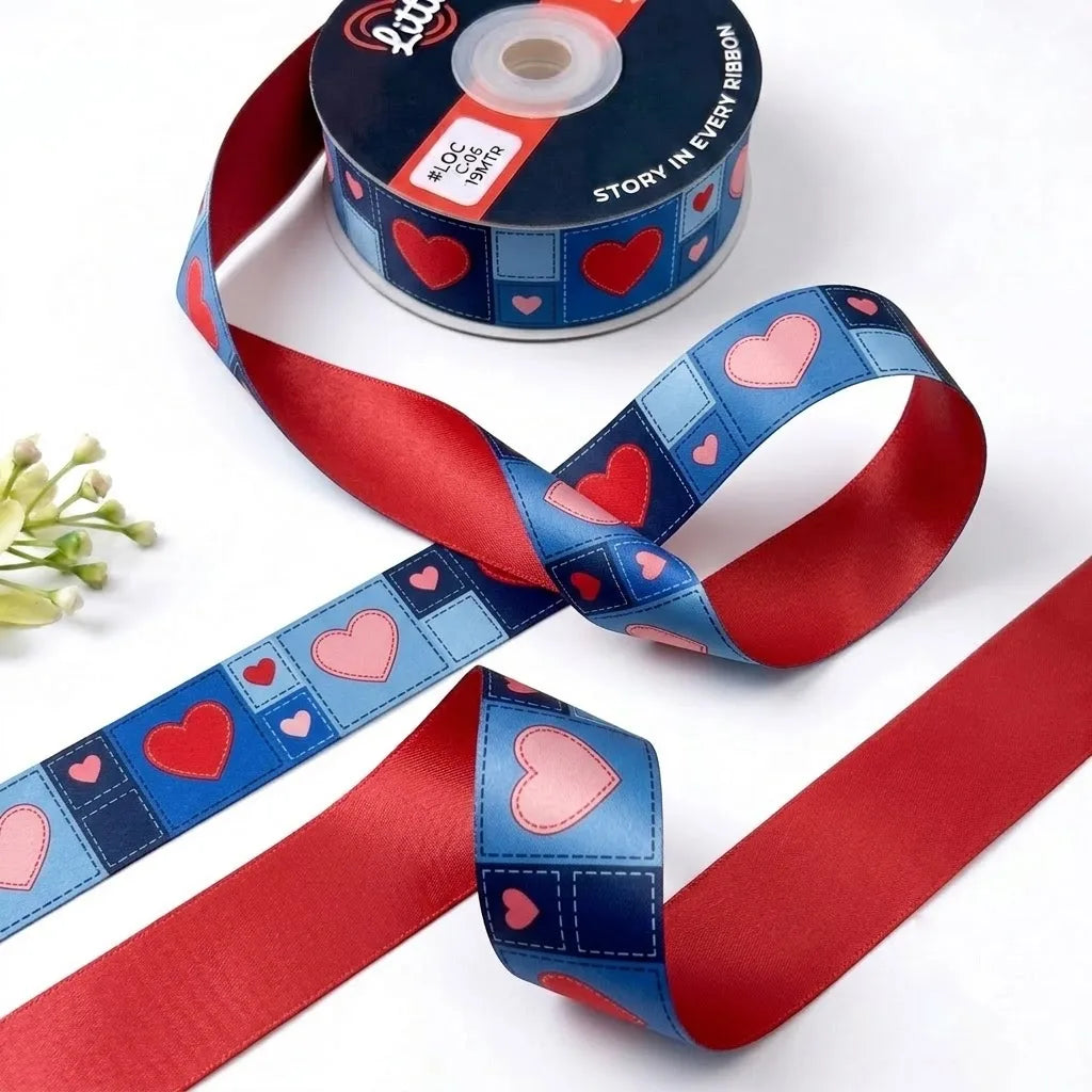 Heart Patch ribbon twisted to show the printed front and solid cherry red back