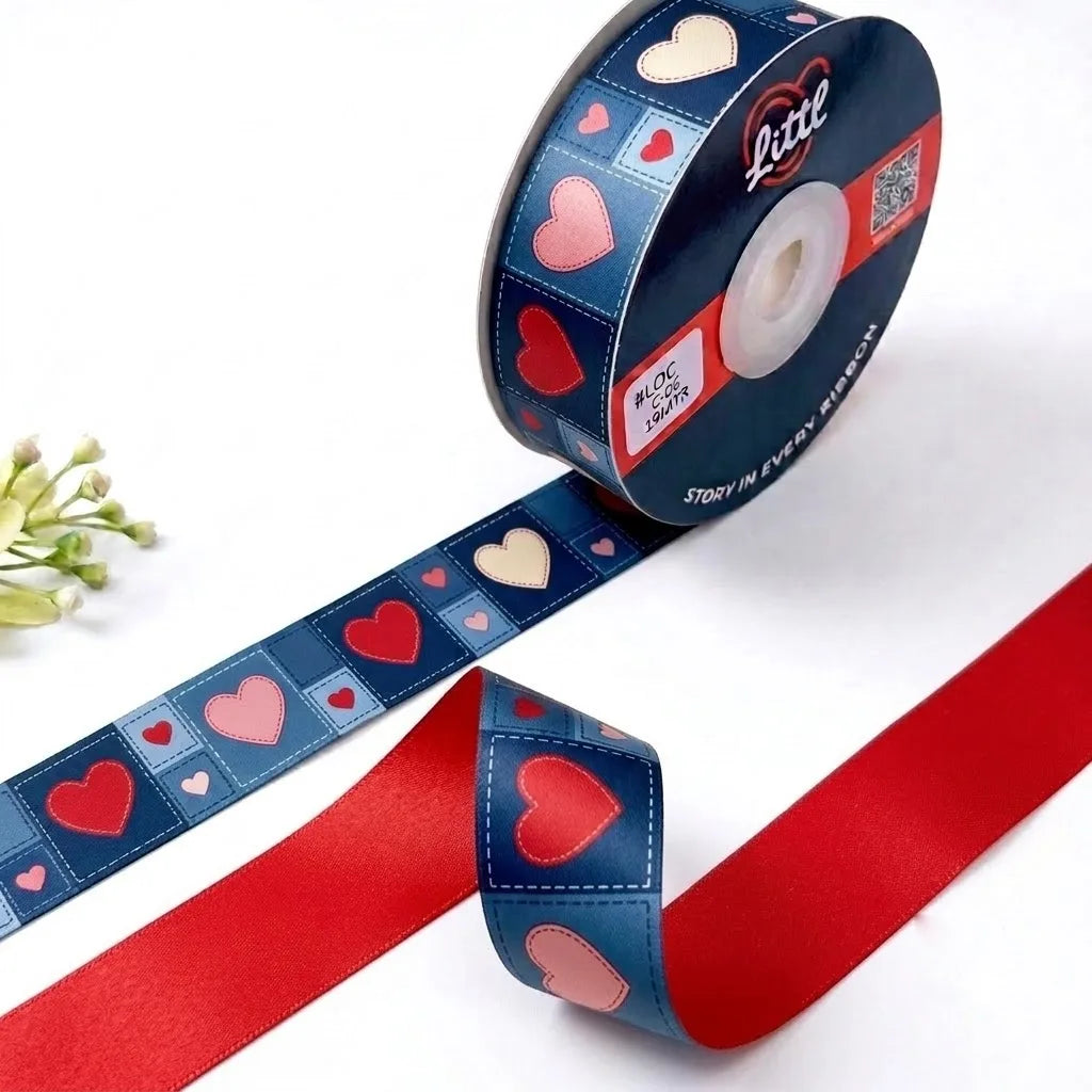 Heart Patch Retro printed satin ribbon roll, pink, red and cream hearts in patchwork squares on navy blue with a solid cherry red back, 1 inch (25 mm) – Littl