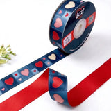 Heart Patch Retro printed satin ribbon roll, pink, red and cream hearts in patchwork squares on navy blue with a solid cherry red back, 1 inch (25 mm) – Littl