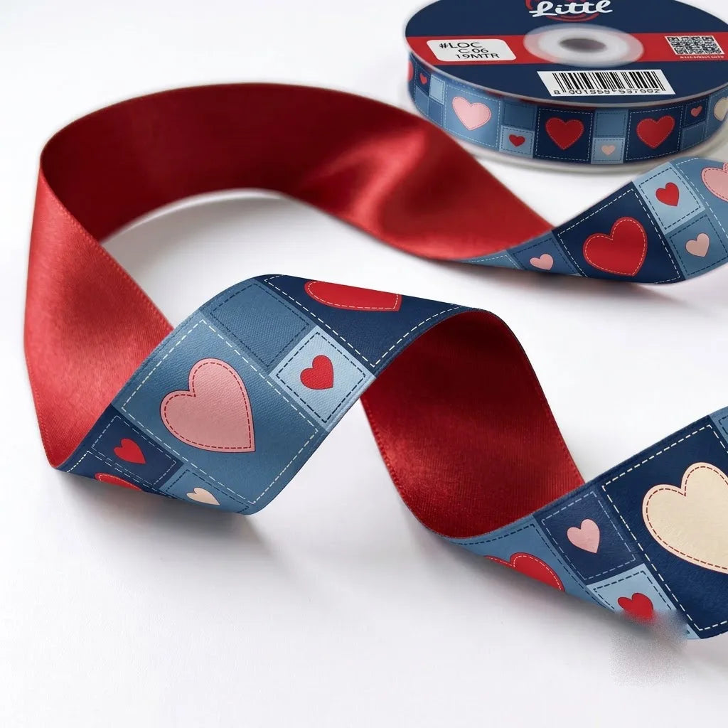 Close-up of Heart Patch ribbon: pink, red and cream hearts in patchwork squares printed on navy blue satin, cherry red back