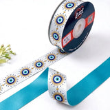 Nazar Sun Evil Eye printed satin ribbon roll, blue evil eyes with gold sunburst rays on white with a solid turquoise back, 1 inch (25 mm) – Littl
