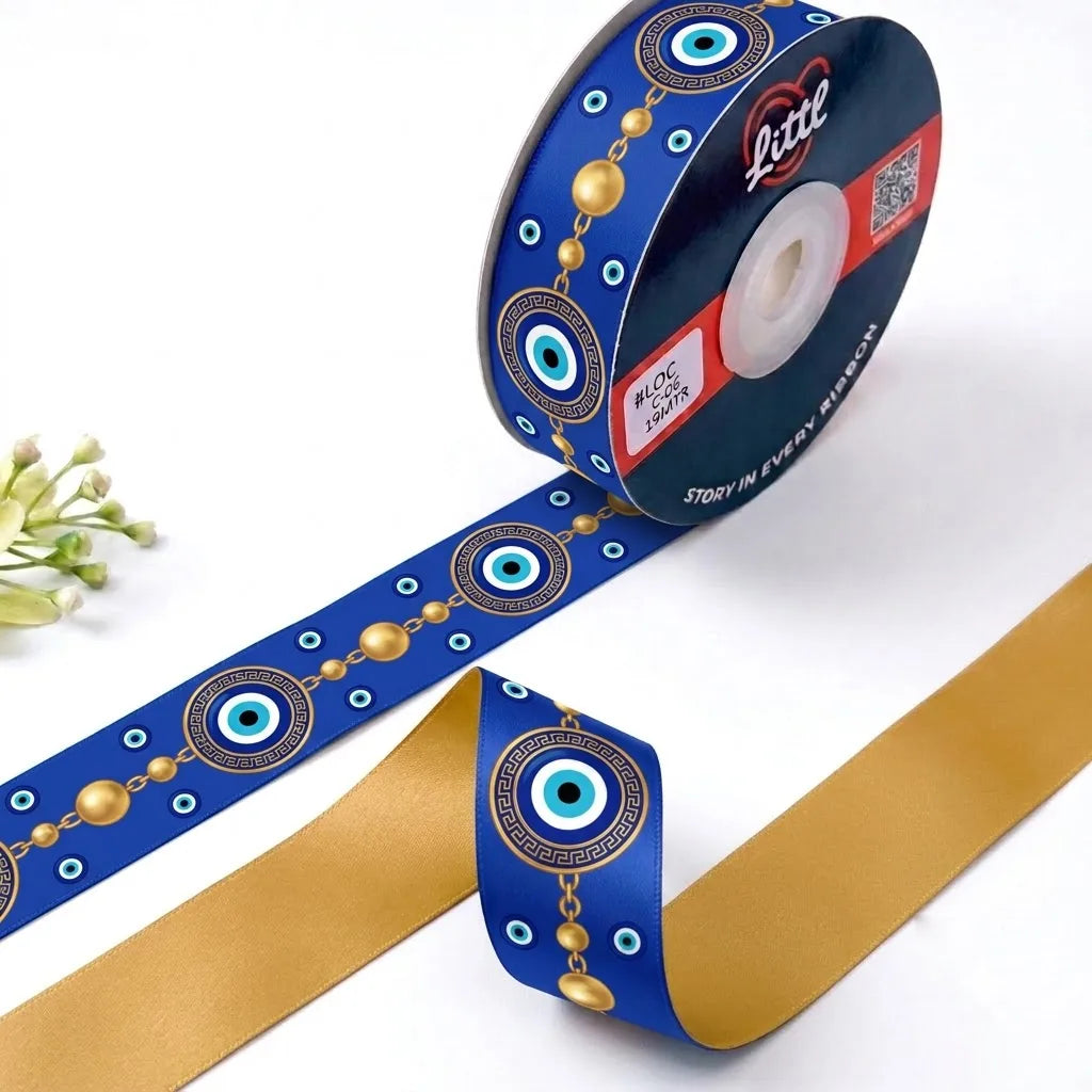 Nazar Medallion Evil Eye printed satin ribbon roll, evil eye medallions in Greek key rings with gold bead chains on royal blue with a solid antique gold back, 1 inch (25 mm) – Littl