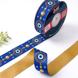 Nazar Medallion Evil Eye printed satin ribbon roll, evil eye medallions in Greek key rings with gold bead chains on royal blue with a solid antique gold back, 1 inch (25 mm) – Littl