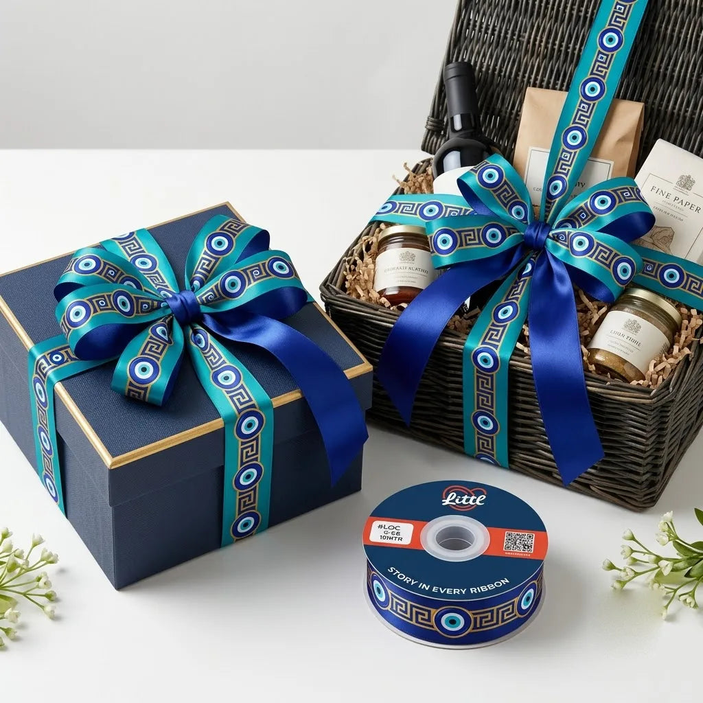 Gift wrapped with Nazar Key Evil Eye printed ribbon from Littl