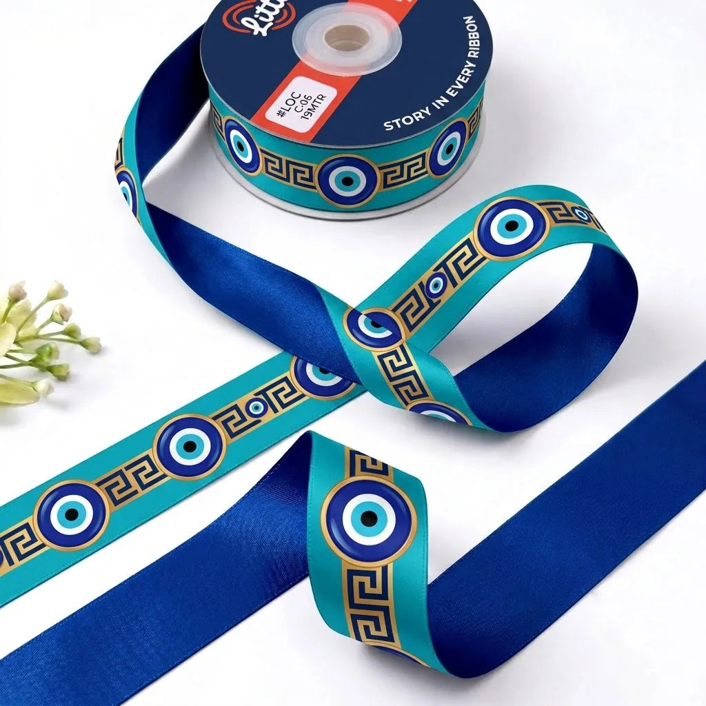 Nazar Key ribbon twisted to show the printed front and solid royal blue back