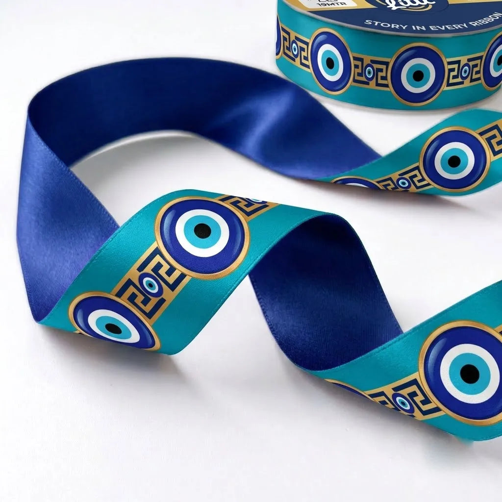 Close-up of Nazar Key ribbon: evil eyes along a gold Greek key band printed on teal satin, royal blue back