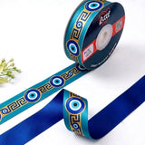 Nazar Key Evil Eye printed satin ribbon roll, evil eyes along a gold Greek key band on teal with a solid royal blue back, 1 inch (25 mm) – Littl