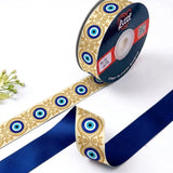 Nazar Filigree Evil Eye printed satin ribbon roll, evil eyes in gold filigree scrolls on cream with a solid navy blue back, 1 inch (25 mm) – Littl