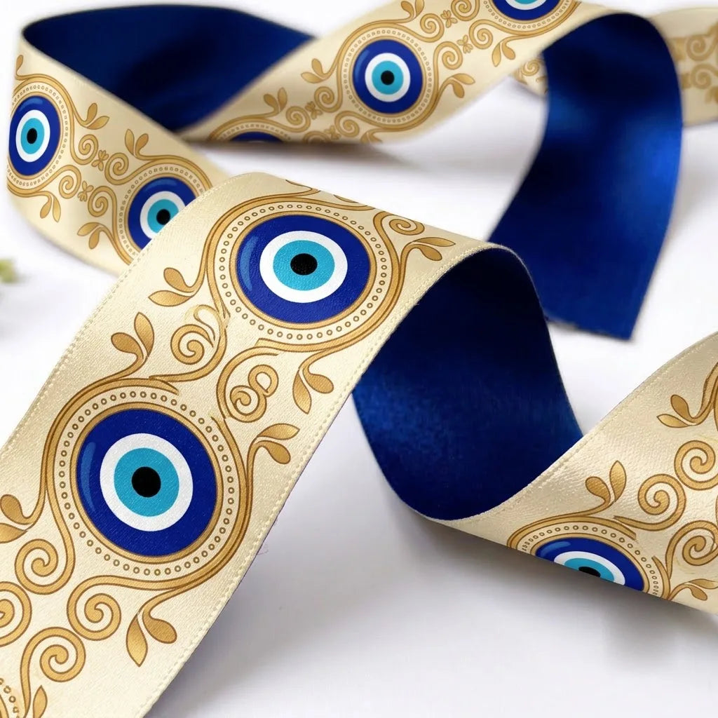 Close-up of Nazar Filigree ribbon: evil eyes in gold filigree scrolls printed on cream satin, navy blue back