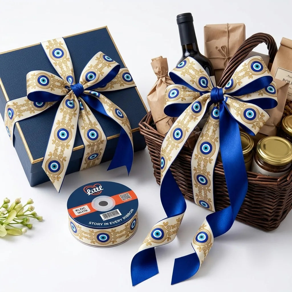 Gift wrapped with Nazar Filigree Evil Eye printed ribbon from Littl