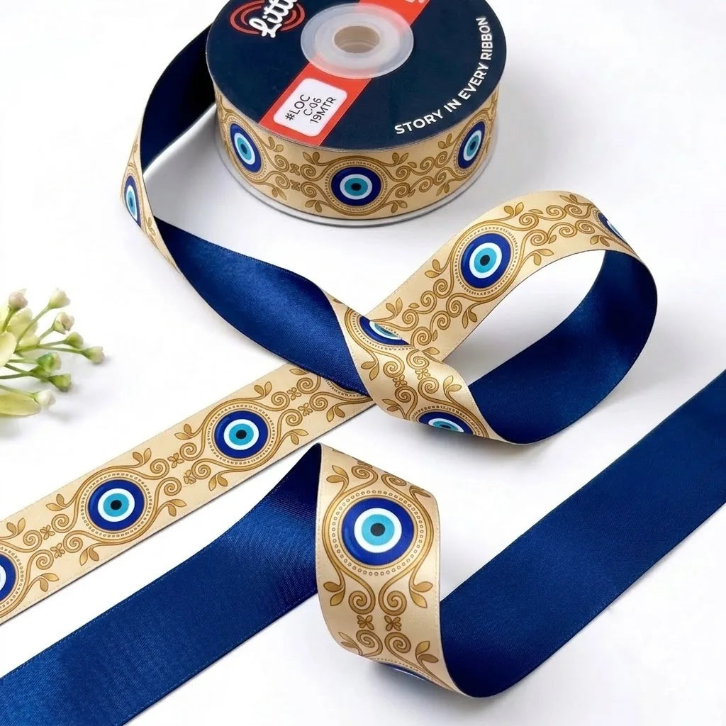 Nazar Filigree ribbon twisted to show the printed front and solid navy blue back