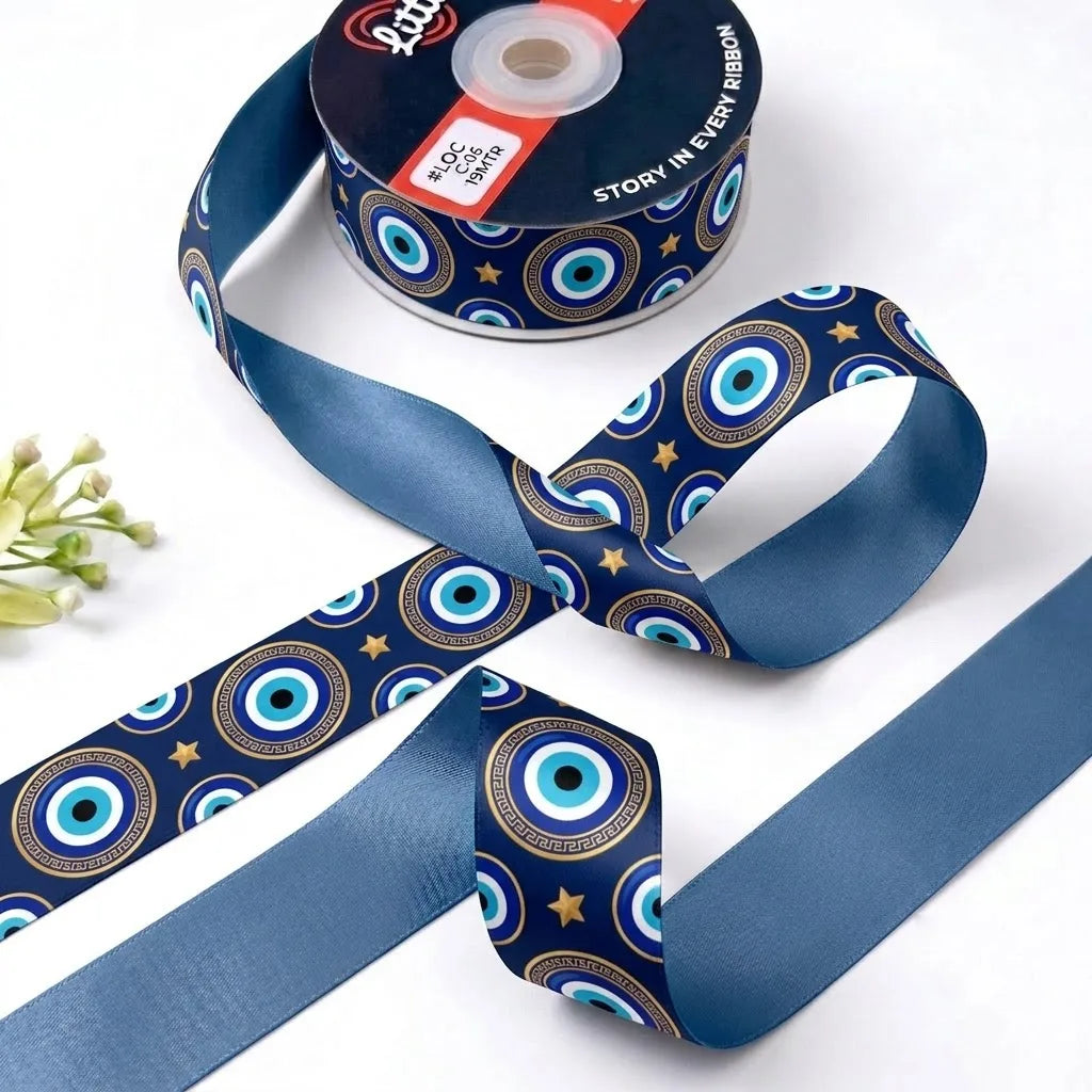 Nazar Night ribbon twisted to show the printed front and solid slate blue back