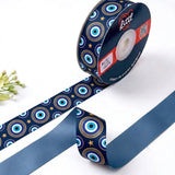 Nazar Night Evil Eye printed satin ribbon roll, evil eyes and gold stars on navy blue with a solid slate blue back, 1 inch (25 mm) – Littl