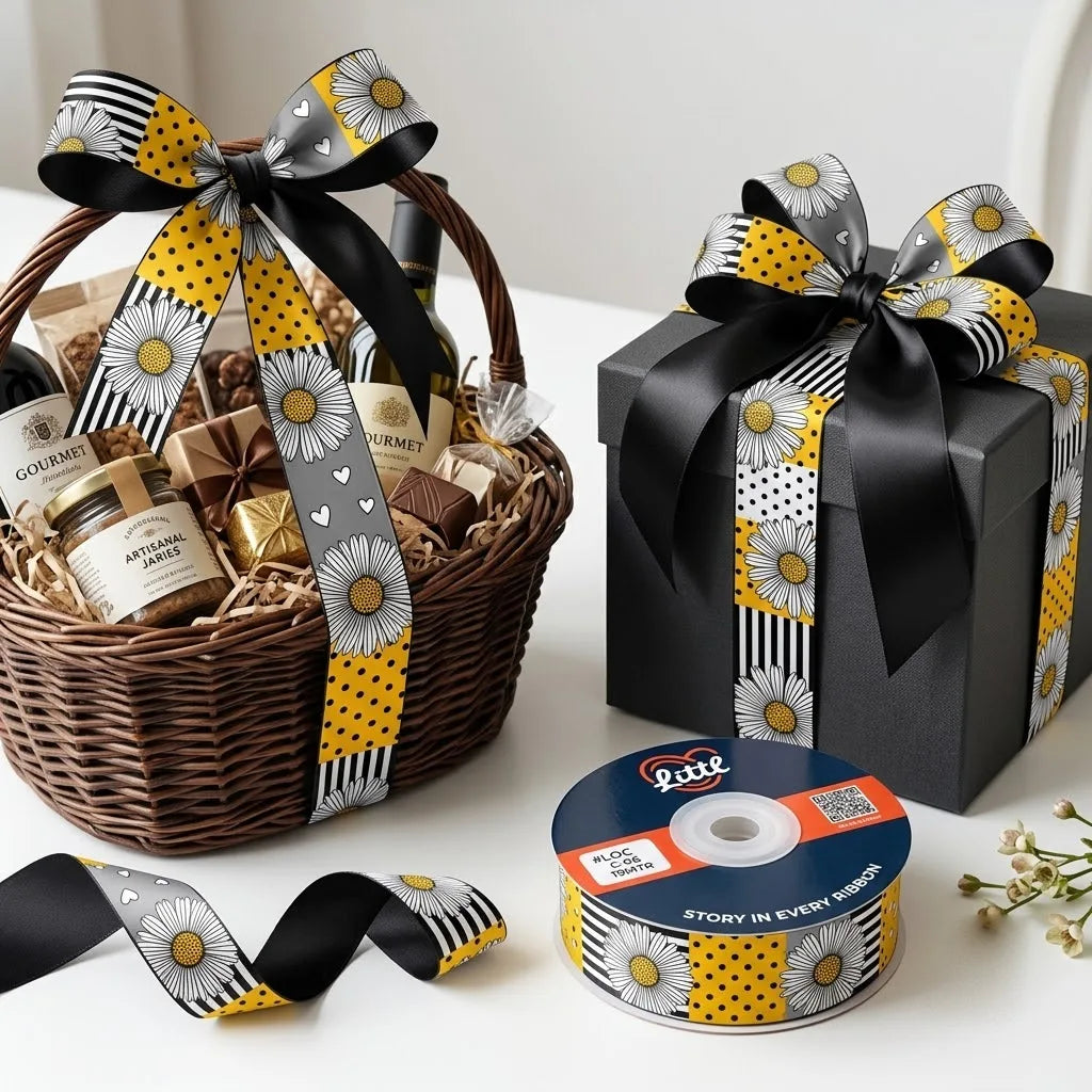 Gift wrapped with Daisy Patchwork Retro printed ribbon from Littl