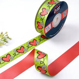 Heart Vine Retro printed satin ribbon roll, red hearts and white daisies on a vine on lime green with a solid coral red back, 1 inch (25 mm) – Littl
