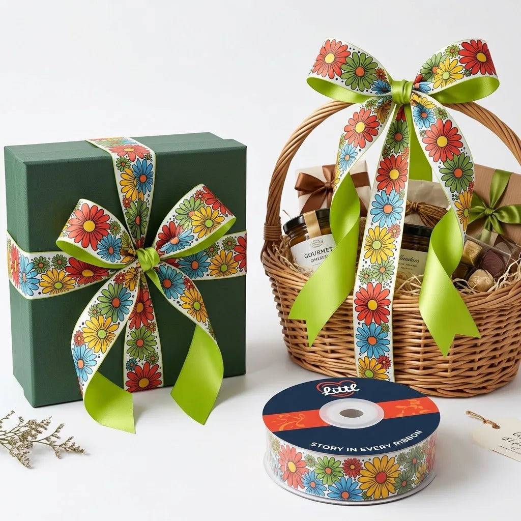 Gift wrapped with Flower Power Retro printed ribbon from Littl