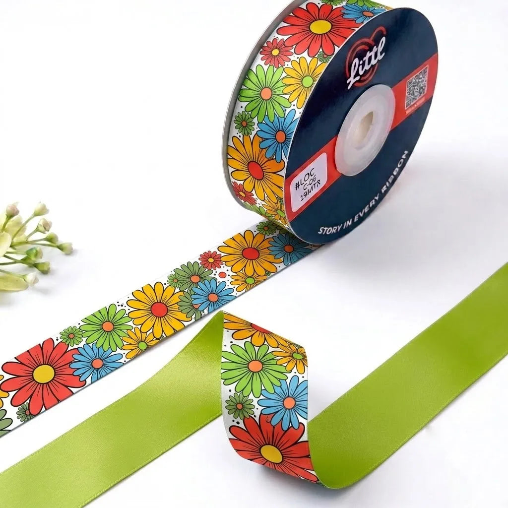 Flower Power Retro printed satin ribbon roll, bright daisies in red, yellow, orange and blue on white with a solid lime green back, 1 inch (25 mm) – Littl