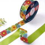 Flower Power Retro printed satin ribbon roll, bright daisies in red, yellow, orange and blue on white with a solid lime green back, 1 inch (25 mm) – Littl