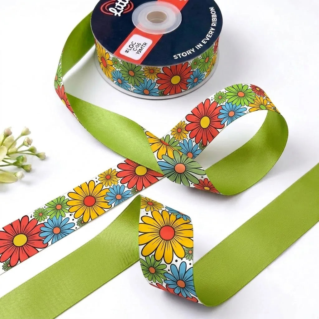 Flower Power ribbon twisted to show the printed front and solid lime green back