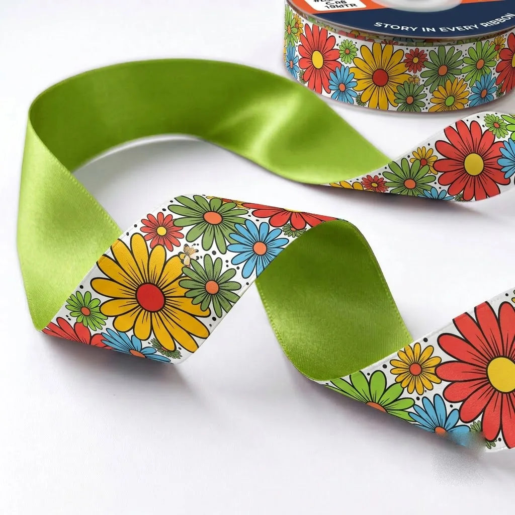 Close-up of Flower Power ribbon: bright daisies in red, yellow, orange and blue printed on white satin, lime green back