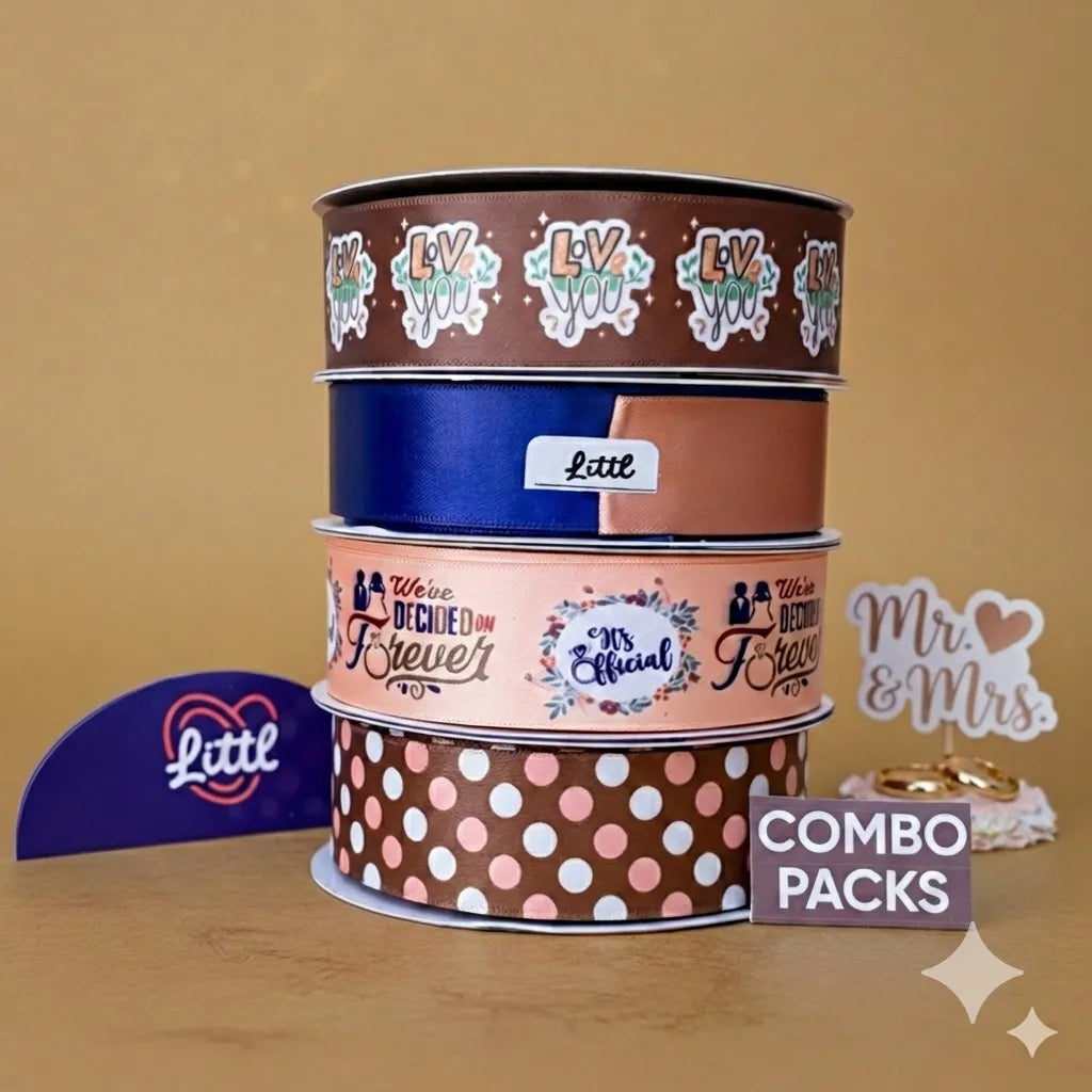 stack of four premium littl brand engagement ribbons including a love you print, royal blue and peach dual-tone satin, we've decided on forever print, and brown polka dot satin. displayed with a combo packs sign and a mr. & mrs. prop