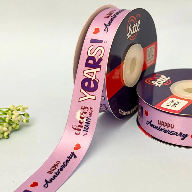 Happy Anniversary Printed Ribbon 25mm - Peach Tones - Orange - printed satin ribbon by Littl India
