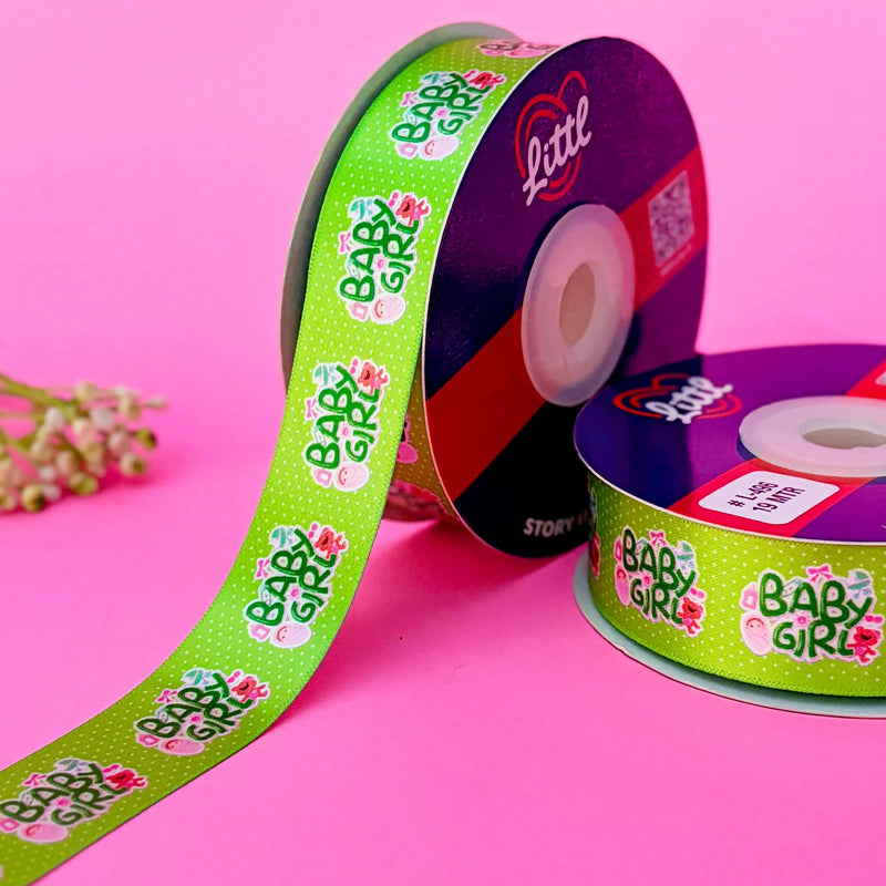 It's a Girl Printed Ribbon 25mm - Full Colour Range - Light Green - printed satin ribbon by Littl India