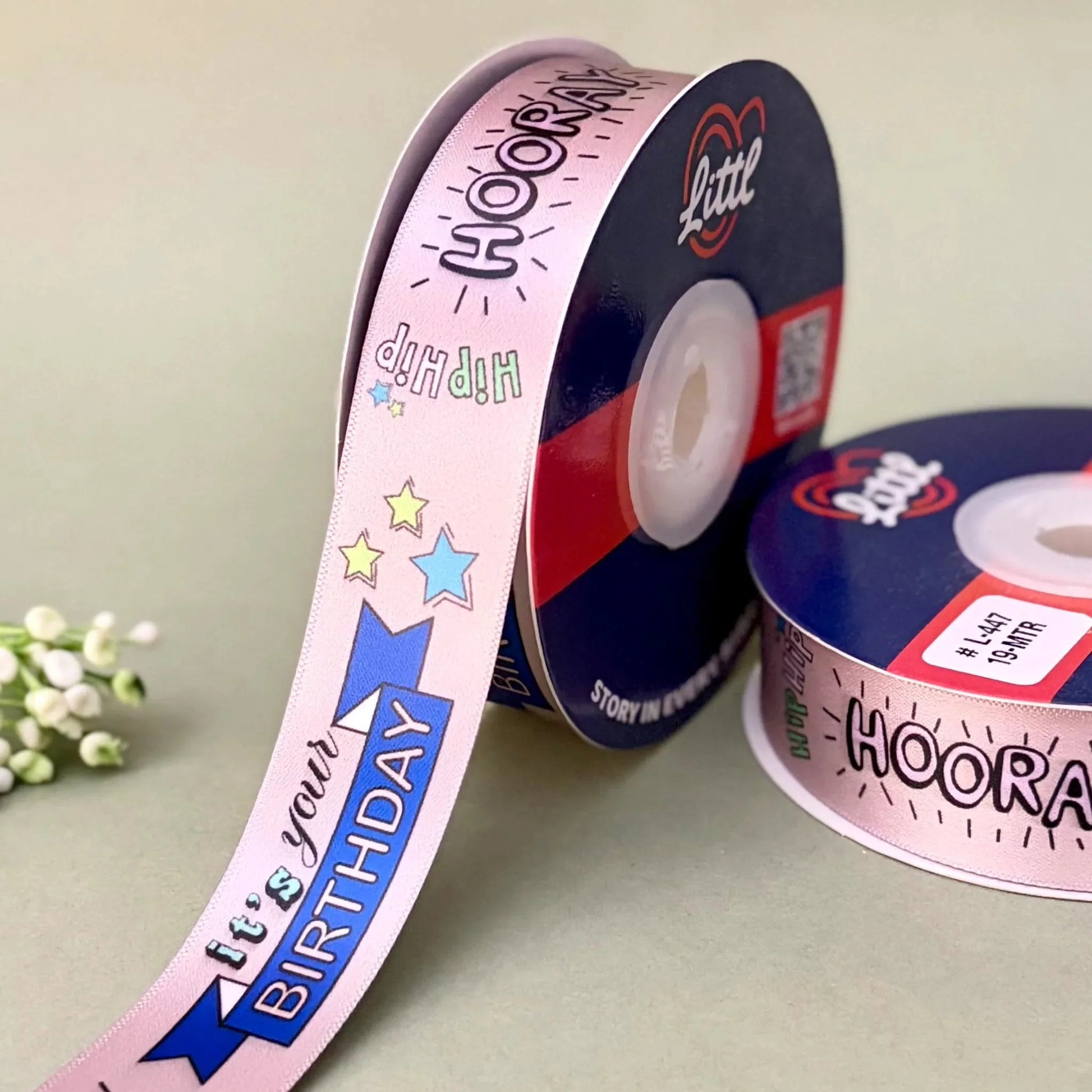 Printed Ribbon - Birthday Printed  Ribbon 1 Inch 19 Meter - Gift Wrapping Party Decoration - Double Face Polyester - 6 Colors Grey  Littl