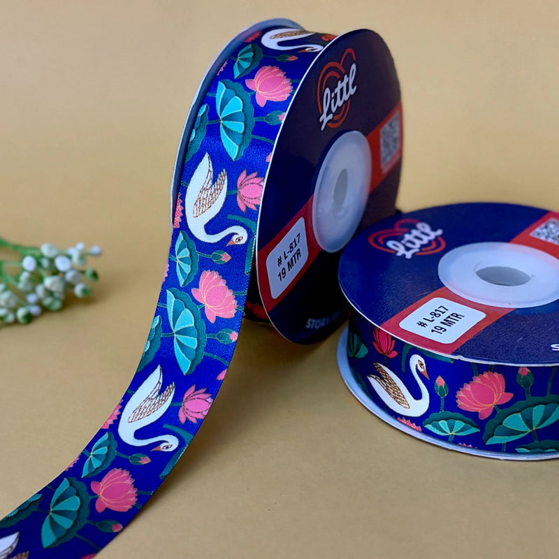 Pink Blue Folk - Pichrang Collection Printed Ribbon 25mm - folk art printed ribbon by Littl India