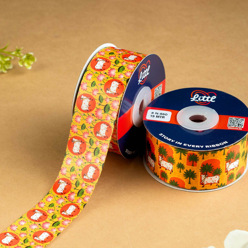 Gau Mata Pichwai - Pichrang Collection Printed Ribbon 38mm - folk art printed ribbon by Littl India