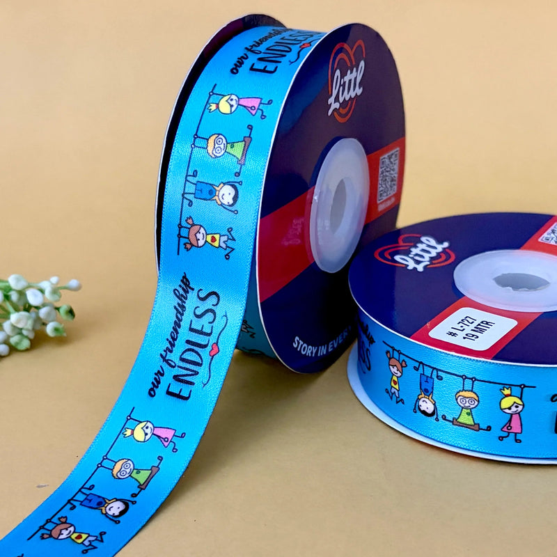 Friendship Printed Ribbon 25mm - Aqua - printed satin ribbon by Littl India